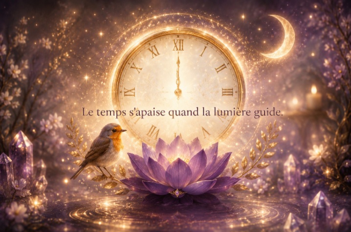 Horloge lumineuse, rouge-gorge et lotus